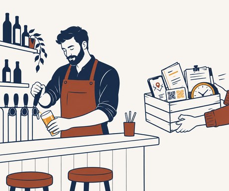 Ilustración de un hostelero con delantal tirando una caña detrás de la barra, concentrado en lo suyo. A la derecha, unas manos se llevan fuera del plano una caja con un móvil con el mapa, la carta, la tarjeta con los códigos QR, las facturas y un reloj.