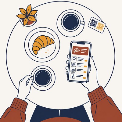 Una mesa de cafetería vista desde arriba, con dos cafés, un cruasán y una planta. Una mano sujeta el móvil con la carta abierta, y en el borde de la mesa está la tarjeta con los dos códigos QR.