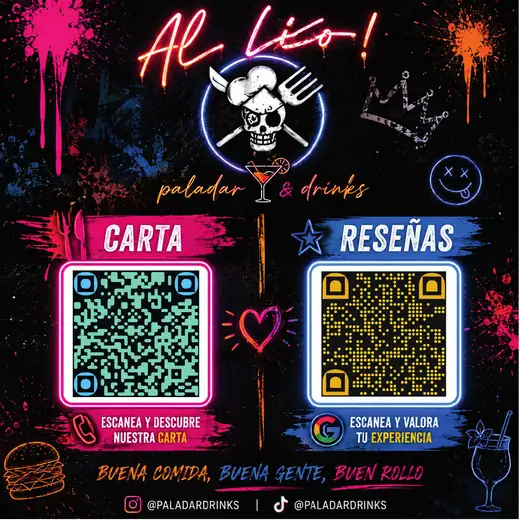 Pegatina de mesa con doble código QR, estilo «neón sobre negro». Para un local de noche: color saturado y mucho carácter.