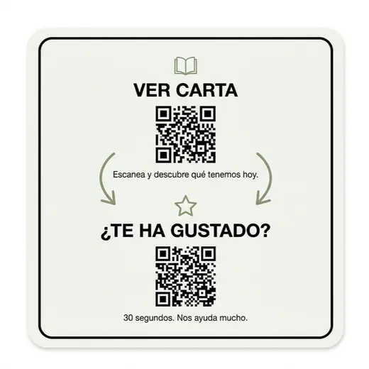 Pegatina de mesa con doble código QR, estilo «instrucciones al grano». Verde y blanco, con el recorrido dibujado.