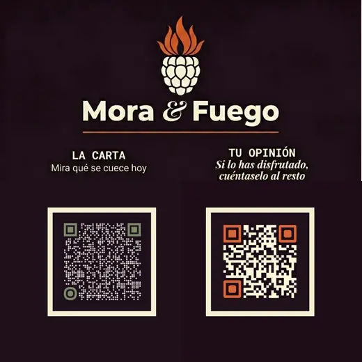 Pegatina de mesa con doble código QR, estilo «fondo oscuro». Contraste cálido y tipografía con firma.