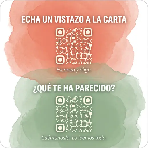 Pegatina de mesa con doble código QR, estilo «acuarela a dos tintas». Textura pintada y tono cercano.
