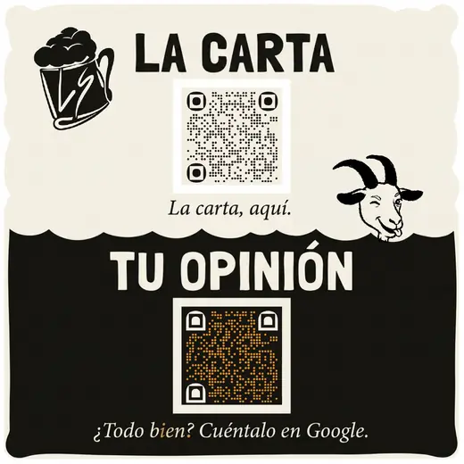 Pegatina de mesa con doble código QR, estilo «taberna a dos tintas». Trazo de rótulo antiguo y humor de barra.