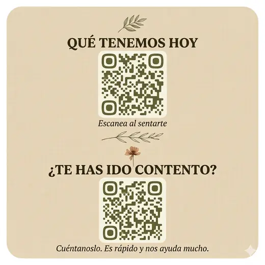 Pegatina de mesa con doble código QR, estilo «lino y botánica». Papel texturado para cocina de mercado.