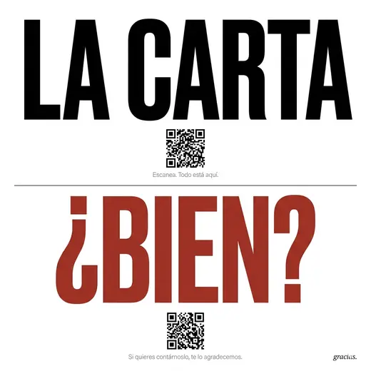 Pegatina de mesa con doble código QR, estilo «titular a sangre». Tipografía enorme y contraste máximo.