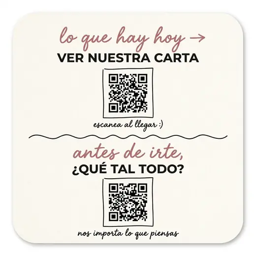 Pegatina de mesa con doble código QR, estilo «manuscrita». Trazo a mano y trato de barrio.