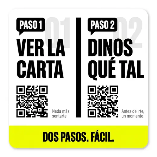 Pegatina de mesa con doble código QR, estilo «dos pasos numerados». Imposible perderse: uno, dos y listo.